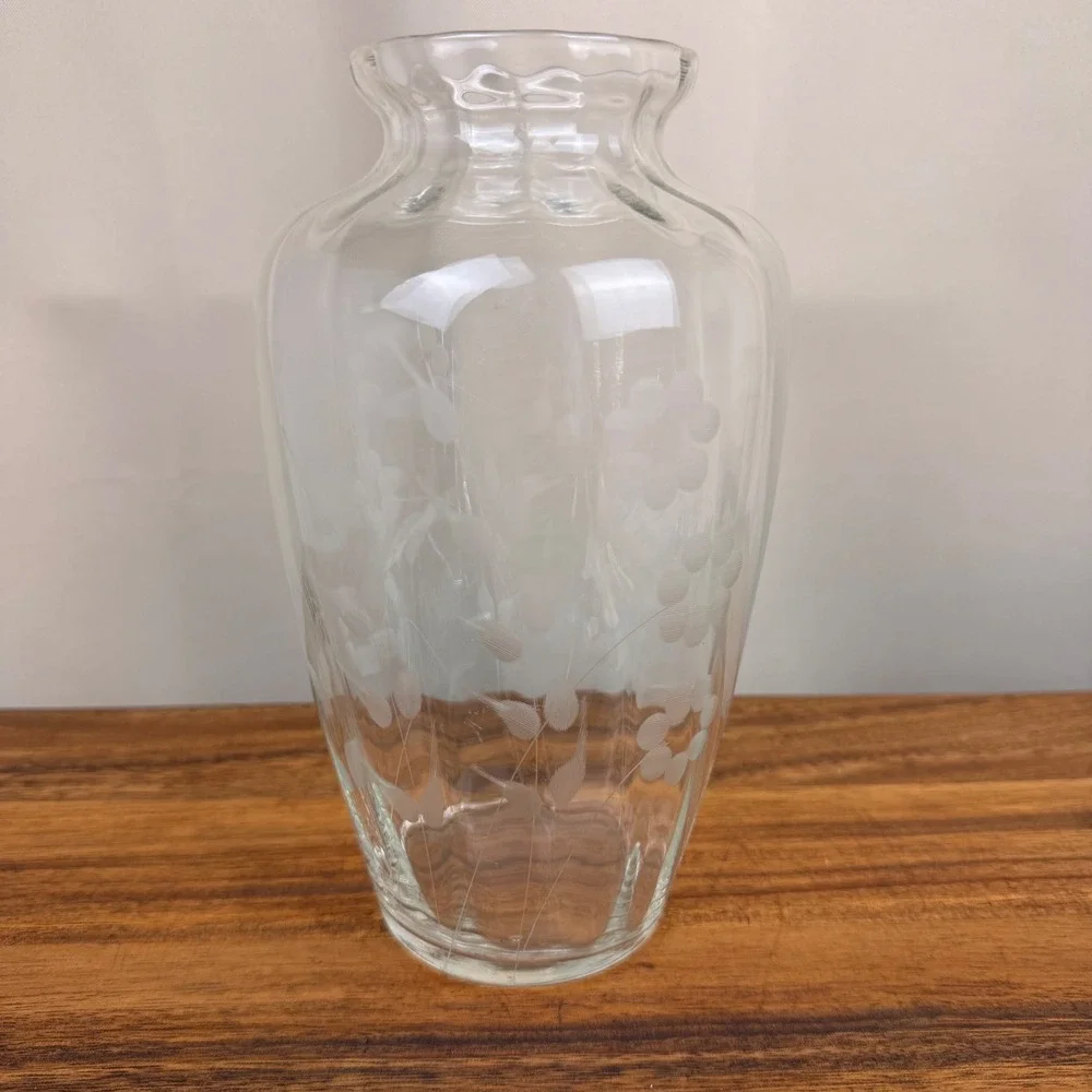 Vintage Hand Blown Optic Glass Vase Etched Floral Scalloped Rim Clear 8 inch